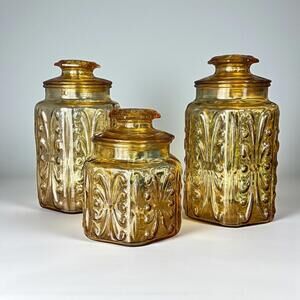 L.E. Smith Honey Gold Atterbury Glass Jars w/ Lids Vtg 60s Canisters Set of 3